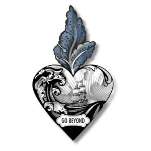 tattoo style 3d wall heart with a ship and crashing waves that says go beyond