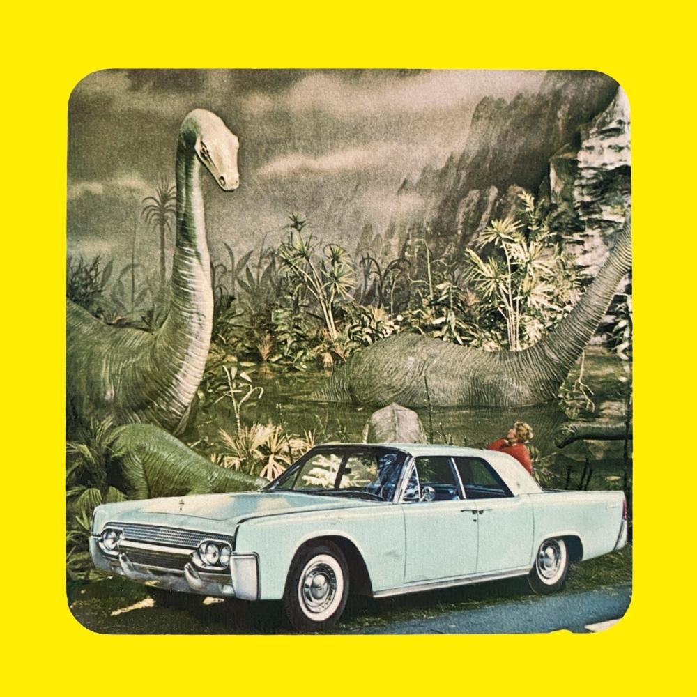 square coaster with rounded edges with a surrealist collage image of a dinosaur, jungle foliage and a 50s style retro car