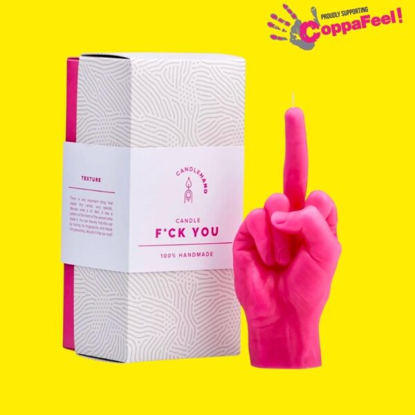 Sweary humanlike hand gesture pink wax candle with gift box on a yellow background