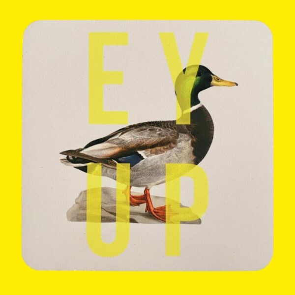 white coaster with a mallard duck and yellow text that says the Yorkshire phrase ey up duck