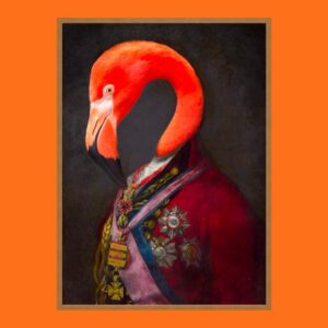 renaissance style portrait painting of a flamingo wearing human clothing military outfit on an orange backdrop