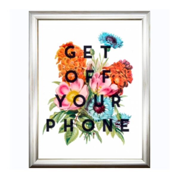 white based wall art print with multicoloured flowers and bold black text saying get off your phone in a silver frame