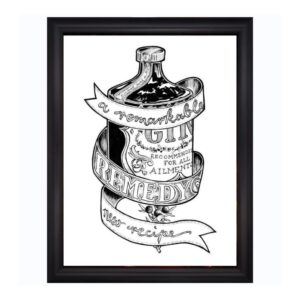 monochrome art print gin bar decor of a vintage style hendricks gin bottle with a black scroll that says remarkable remedy in a black frame