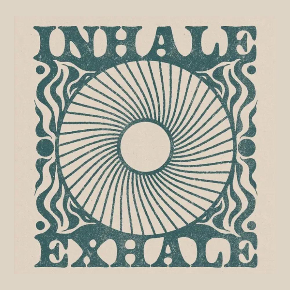 square yoga meditation calming wall art print with teal green pattern and large text that says inhale exhale on
