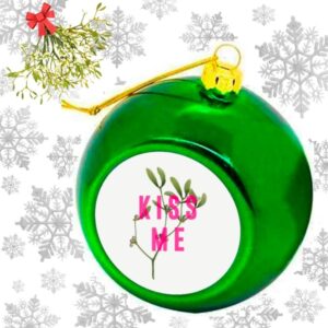 Green Kiss Me Mistletoe Christmas Bauble Ornament Xmas Decoration on a snowflake background