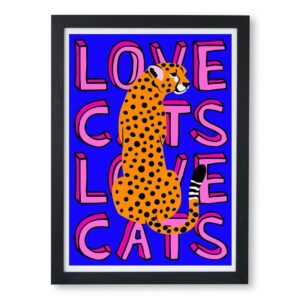 colourful bright blue wall art print with orange leopard illustration and pink large text saying love cats