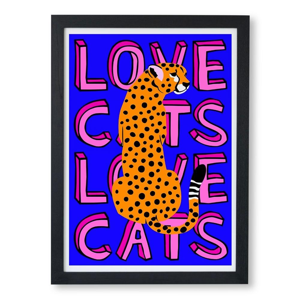 colourful bright blue wall art print with orange leopard illustration and pink large text saying love cats