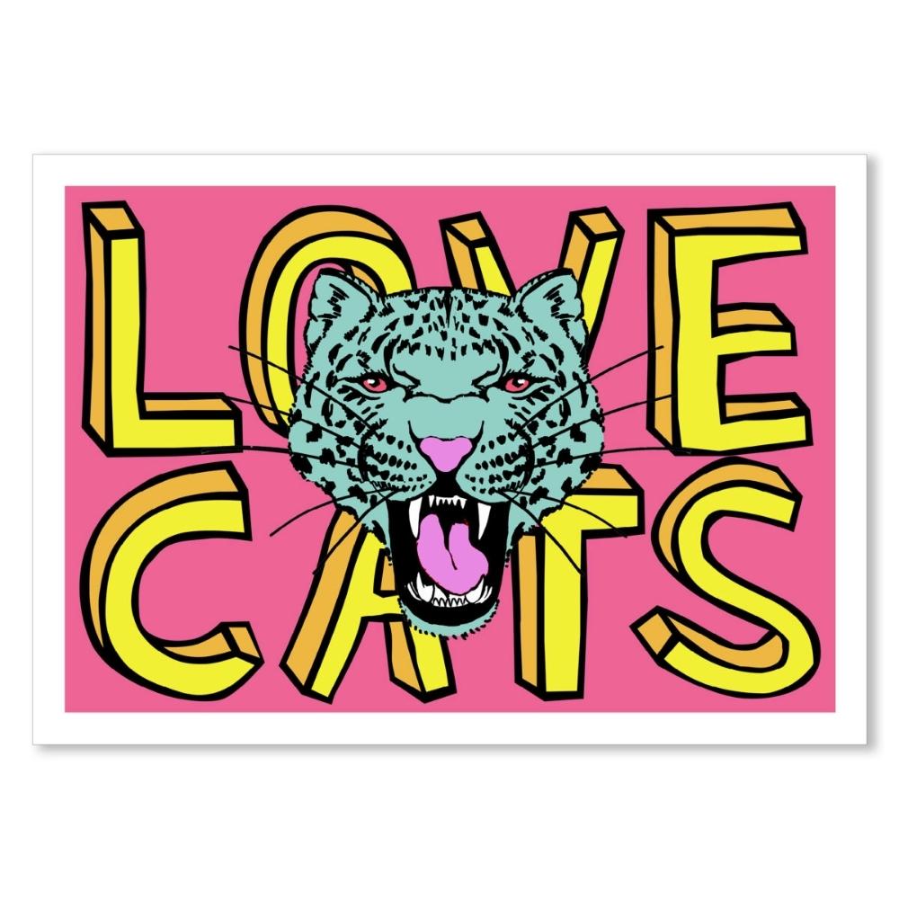 pink wall art print with large yellow text that says love cats and a turquoise leopard head roaring out of it