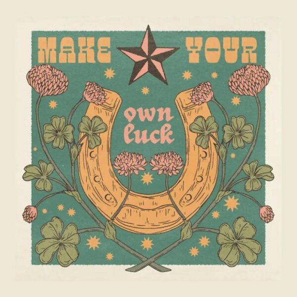 Square wall art print with yellow horseshoe, green four leaf clovers, starr and flowers with text saying make your own luck
