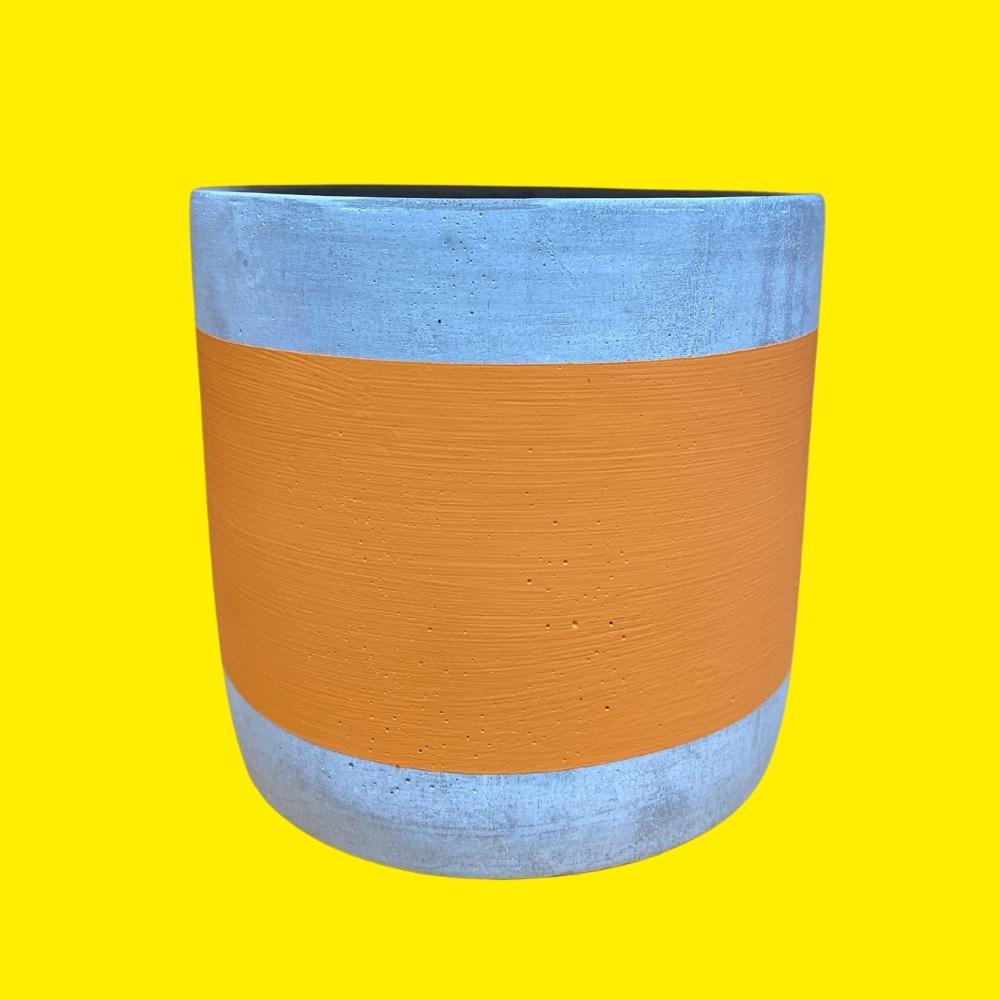 Concrete colourful plant pot with orange decorative middle band