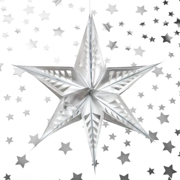 Silver Large Hanging Star Reusable Recycled Plastic Christmas Decoration on a star print background