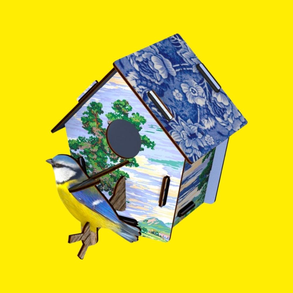 blue sky on a yellow backgroundprinted skylander bird house made from sustainable mdf