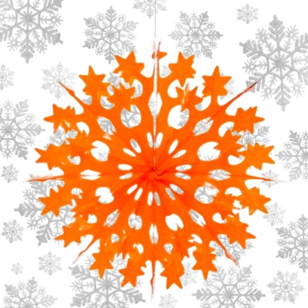 Reusable Recycled Plastic Orange Hanging Snowflake Decoration on a snowflake background