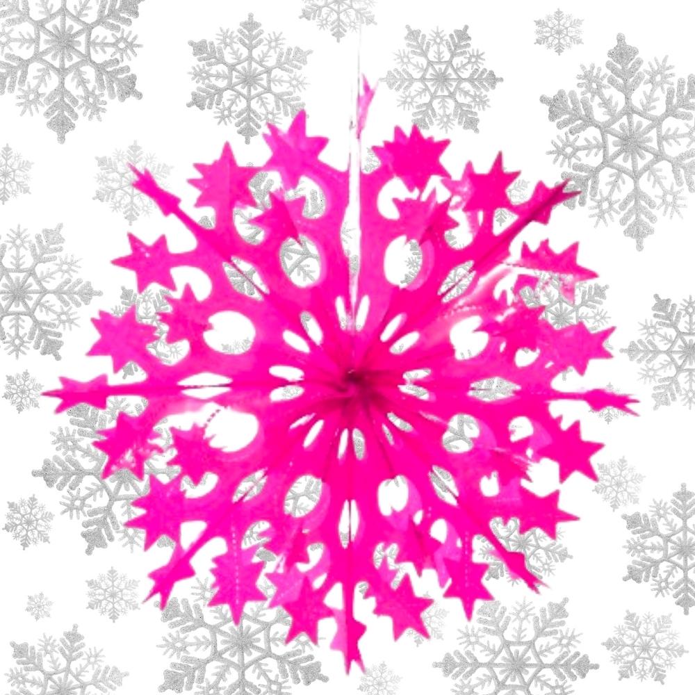Neon Pink Recycled Plastic Reusable Eco-Friendly Folding Snowflake Decoration on a silver snowflake background