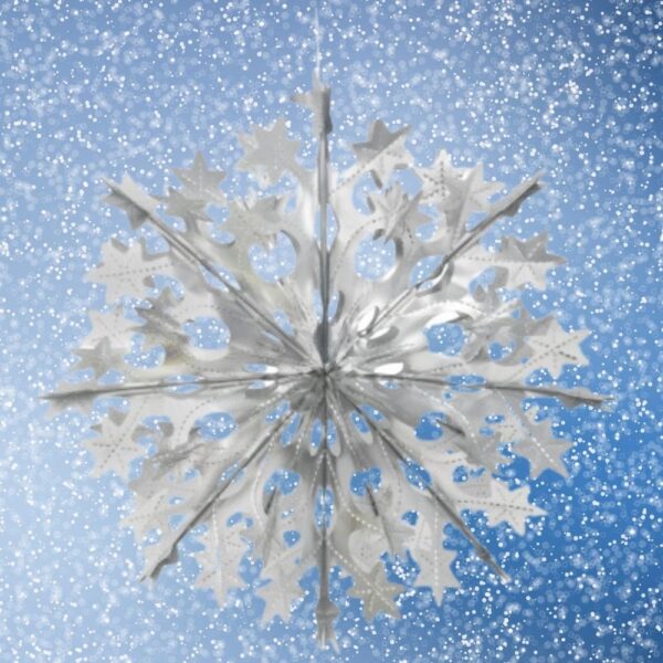 Silver Recycled Plastic Hanging Reusable Snowflake Christmas Decoration on a snowfall background
