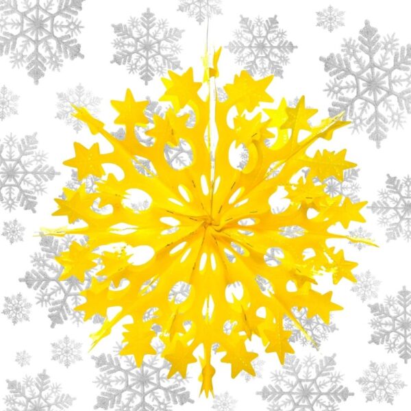 Reusable Recycled Plastic Eco-Friendly Yellow Hanging Snowflake Decoration on a snowflake backdrop