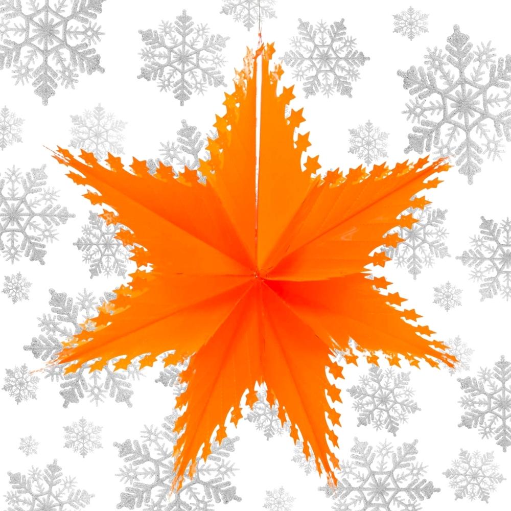 neon orange star snowflake sustainable xmas decoration on a snowflake background