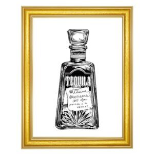 white art print poster with monochrome vintage tequilla bottle home bar decor print in a gold frame
