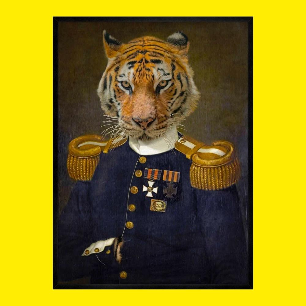 renaissance style painting portrait of a tiger in human clothing army uniform on a yellow backdrop