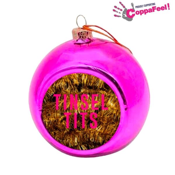 pink christmas tree bauble with tinsel tits text
