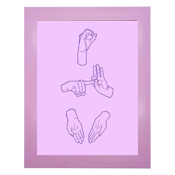 lilac art print with purple hands using British sign language for zero fucks given in a purple frame