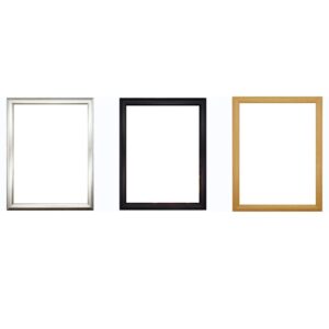3 A4 sustainably made picture frames from materials from the electronics industry on white background, one silver, one black and one natural wood