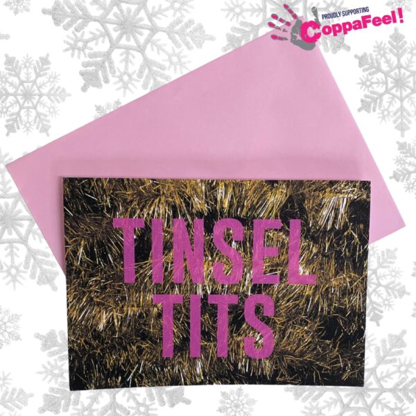 Tinsel Tits A5 Recycled Paper Christmas Card with a pink envelope on a silver snowflake background and CoppaFeel! logo