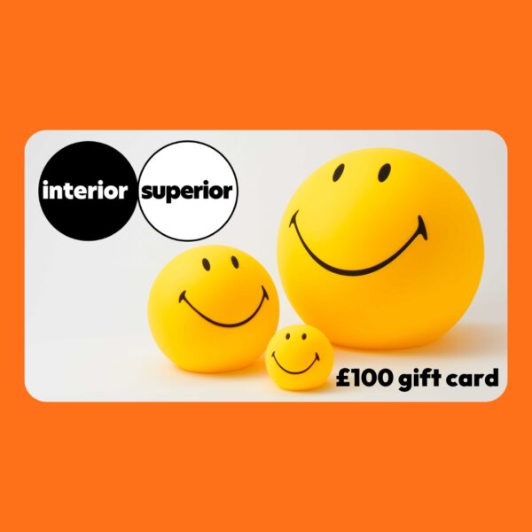homeware £100 e-gift card with interior superior logo and three yellow smiley happy face lamps