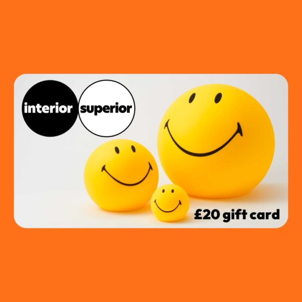 homeware £20 e-gift card with interior superior logo and three yellow smiley happy face lamps