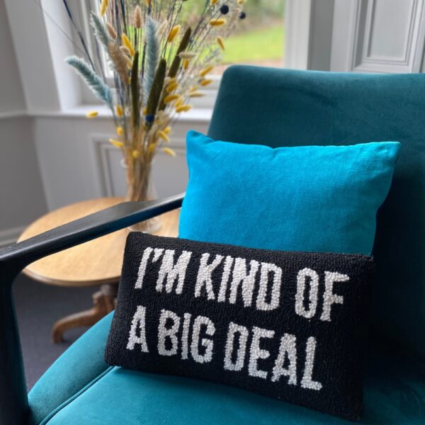 blue chair by a window with a blue cushion and a black rectangular cushion that says i'm kind of a big deal in white