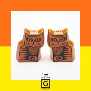 Hornsea orange cat shaped cruet salt and pepper shakers on an orange and yellow background