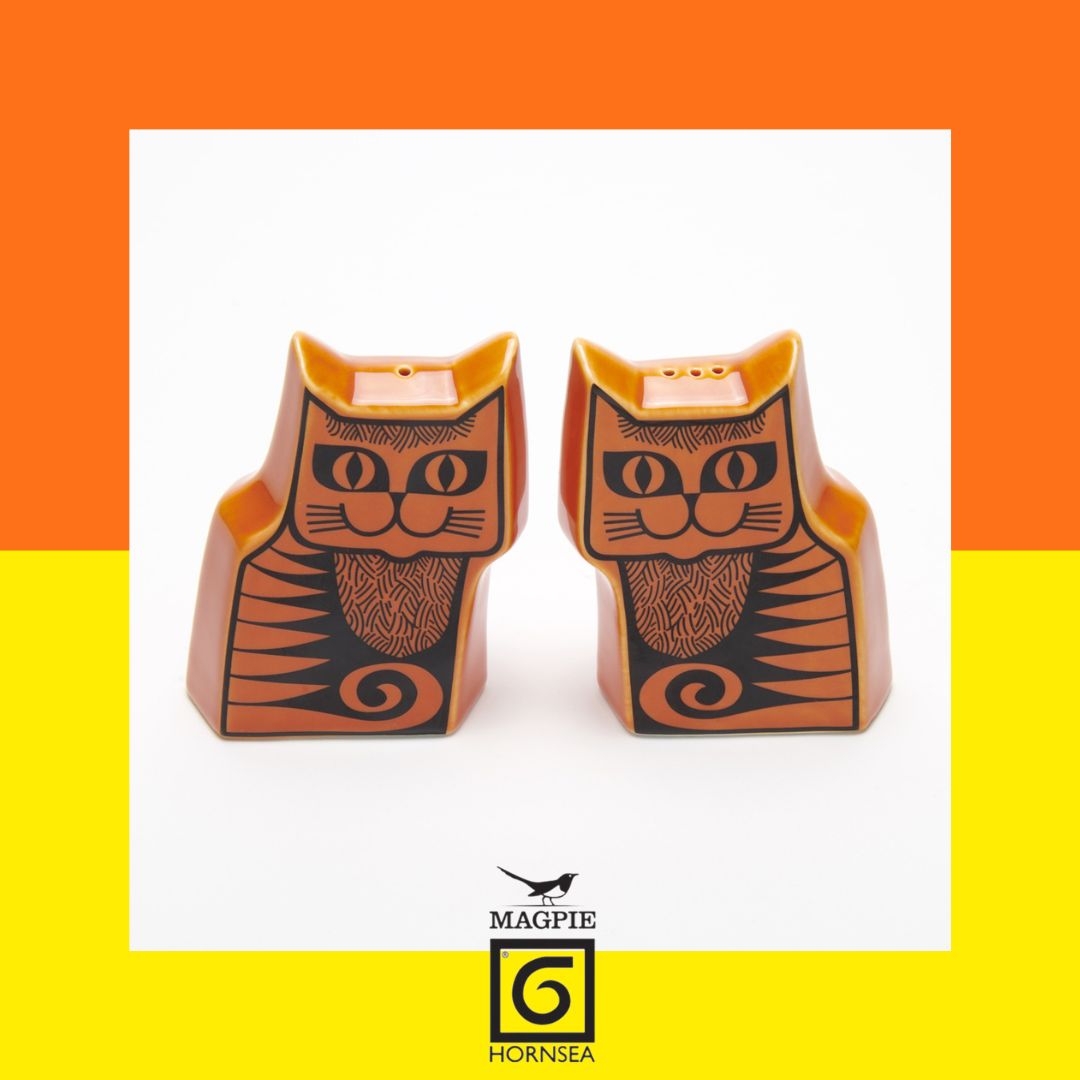 Hornsea orange cat shaped cruet salt and pepper shakers on an orange and yellow background