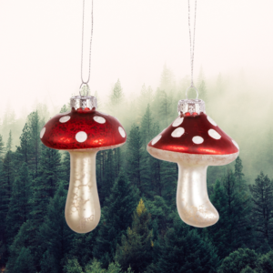 pair of mushroom baubles christmas tree ornaments made from glass on a misty forest background